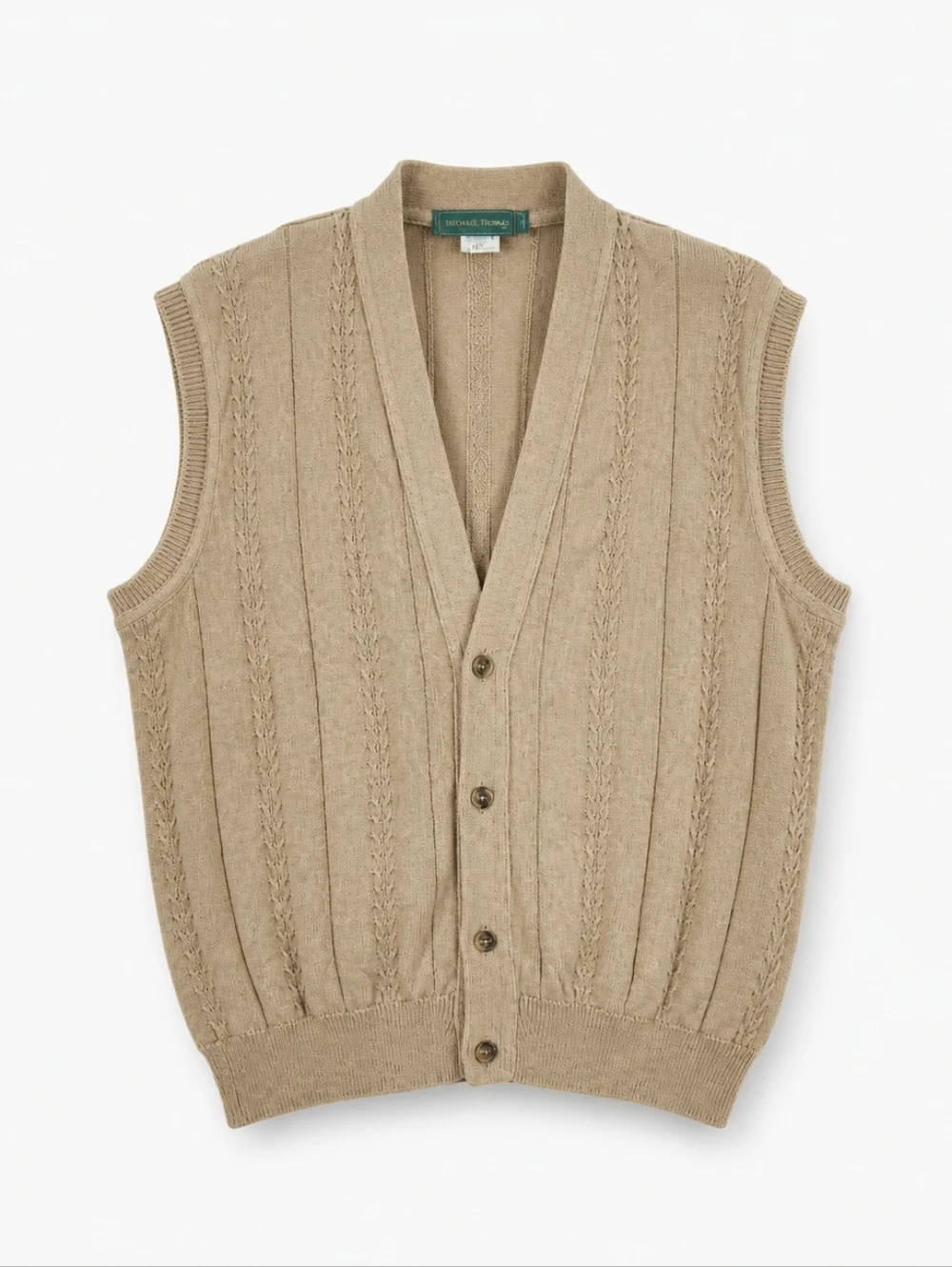 Vtg USA Made Egyptian Cotton Classic‎ Cable-Knit Button Vest in Beige